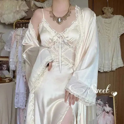 Spring New Nightgown Women Bride Wedding Dress Sweet Lace Patchwork Robe Set Nightdress Elegant Lingerie Summer Long Kimono Gown - Urban Heaven Co