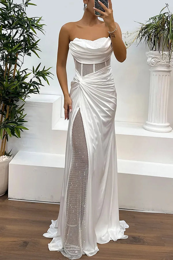 Elegant Strapless Sequin Party Dress for Women - Spring Summer High Slit Fashion Dress - Urban Heaven Co