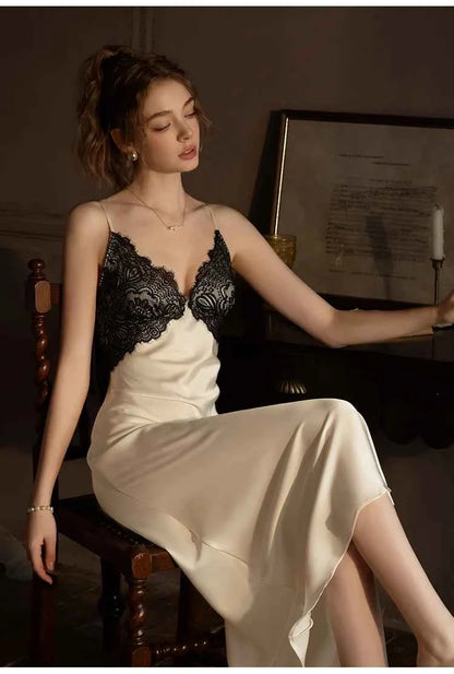 Sexy Femlae Long Robe Nightgown 2PCS Set Spring Summer New Silk Satin Sleepwear Nightdress Lingerie Patchwork Lace Homewear - Urban Heaven Co