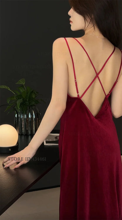 Burgundy Velvet Bride Wedding Long Robe Nightgown Set Negligee Elegant Lace Backless Nightdress Bathrobe Homewear Sexy Lingerie - Urban Heaven Co
