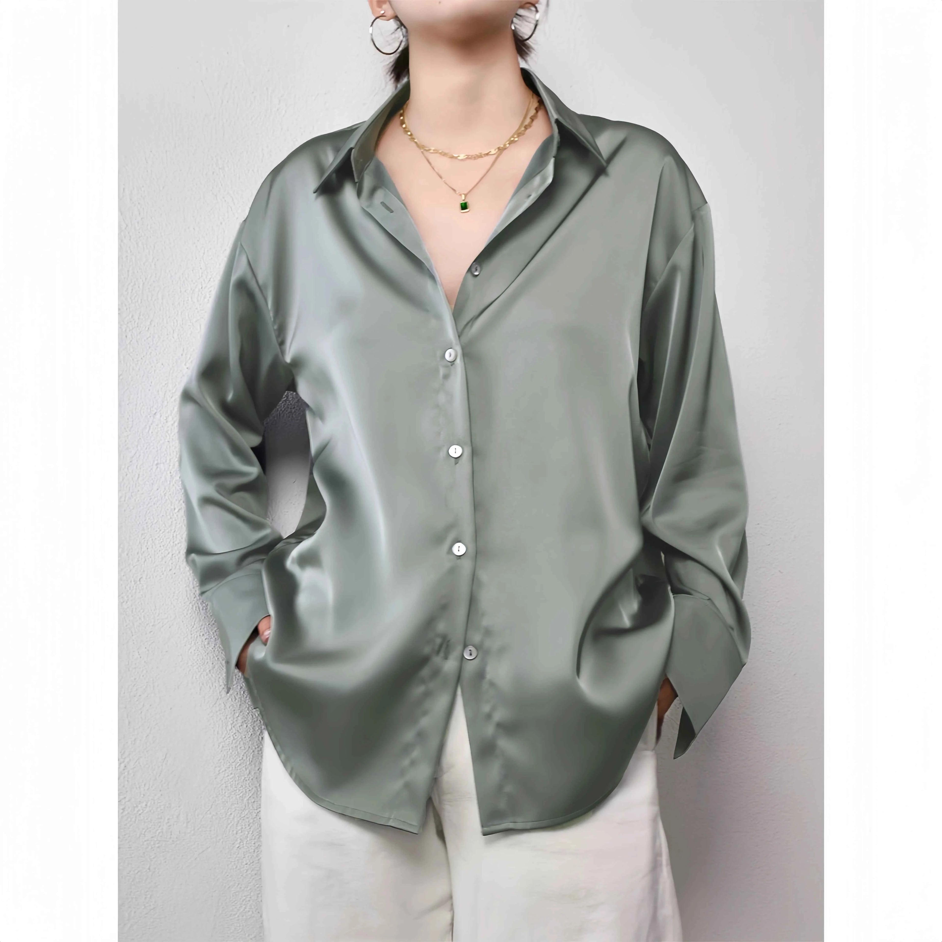 Trending Casual Shirt Elegant Blouses For Women Satin Multicolor Basic Slim Shirt Solid All-Match Top - Urban Heaven Co