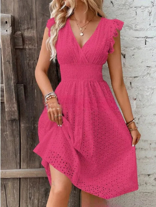 Summer Women V-Neck Beach Dress Flare Sleeve Solid Color Hollow Lace Waist Dress. - Urban Heaven Co