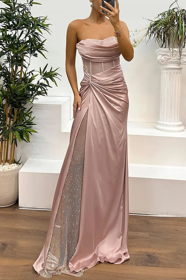 Elegant Strapless Sequin Party Dress for Women - Spring Summer High Slit Fashion Dress - Urban Heaven Co
