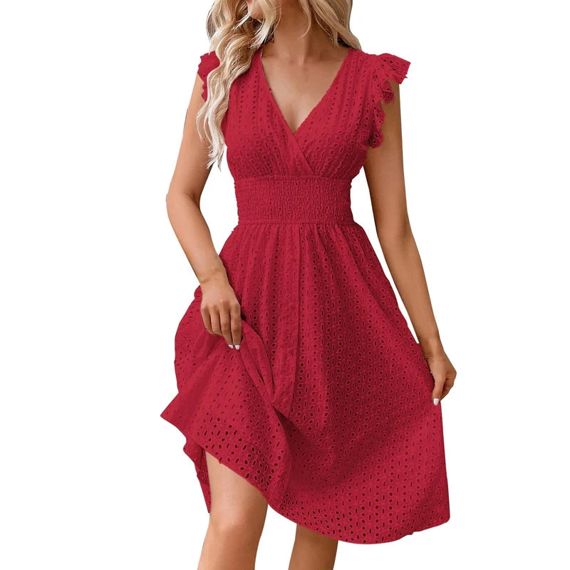 Summer Women V-Neck Beach Dress Flare Sleeve Solid Color Hollow Lace Waist Dress. - Urban Heaven Co