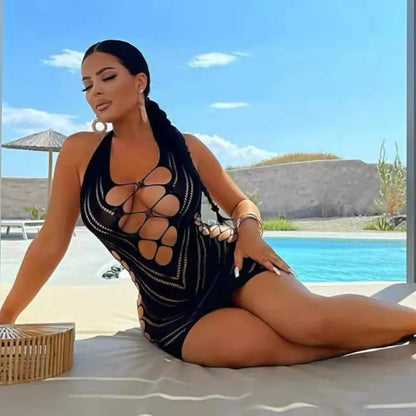 Sexy Women Fishnet Halter Backless Dress Low Cut Tight Pencil Cute Dress Plus Size Mini Dress. - Urban Heaven Co