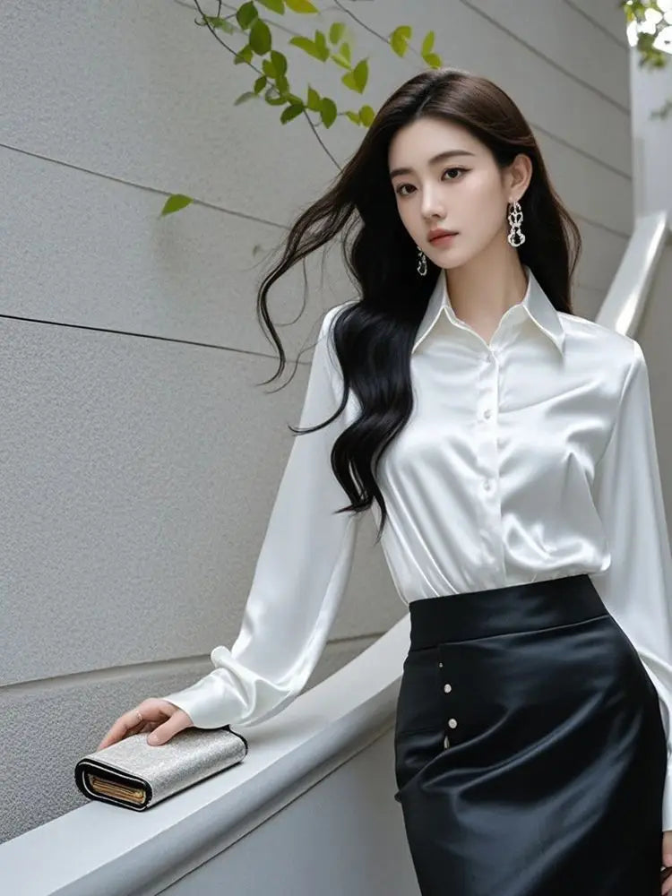 Elegant Silk Office Shirts Women Korean Fashion Y2k Clothes Slim Long Sleeve White Black Blusas Mujer Workwear Tops and Blouses - Urban Heaven Co