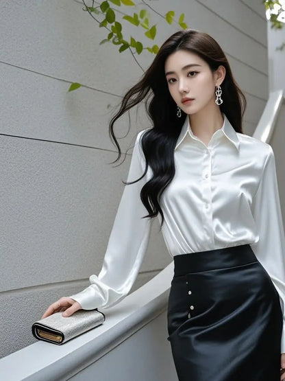 Elegant Silk Office Shirts Women Korean Fashion Y2k Clothes Slim Long Sleeve White Black Blusas Mujer Workwear Tops and Blouses - Urban Heaven Co