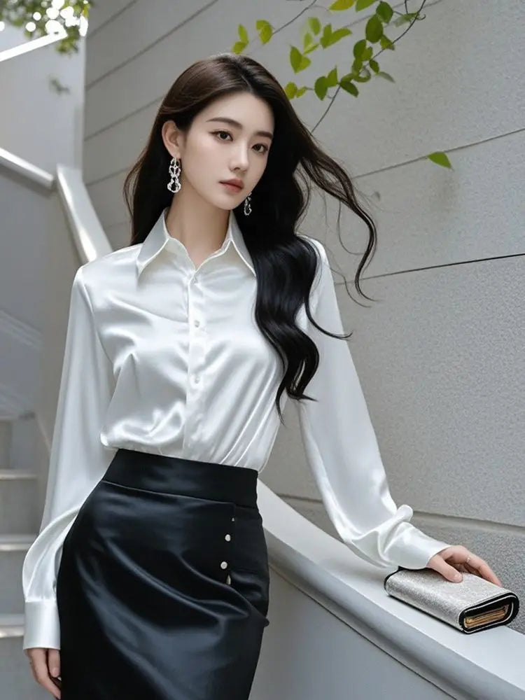 Elegant Silk Office Shirts Women Korean Fashion Y2k Clothes Slim Long Sleeve White Black Blusas Mujer Workwear Tops and Blouses - Urban Heaven Co