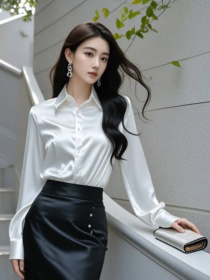 Elegant Silk Office Shirts Women Korean Fashion Y2k Clothes Slim Long Sleeve White Black Blusas Mujer Workwear Tops and Blouses - Urban Heaven Co