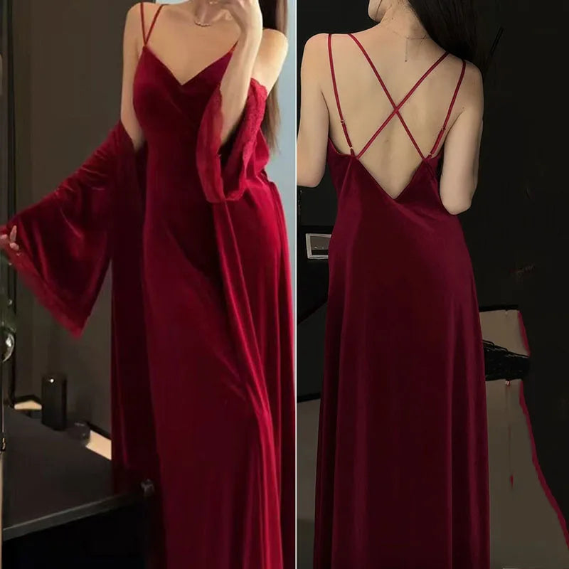 Burgundy Velvet Bride Wedding Long Robe Nightgown Set Negligee Elegant Lace Backless Nightdress Bathrobe Homewear Sexy Lingerie - Urban Heaven Co