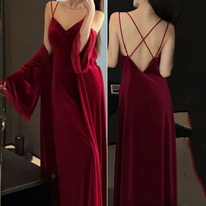 Burgundy Velvet Bride Wedding Long Robe Nightgown Set Negligee Elegant Lace Backless Nightdress Bathrobe Homewear Sexy Lingerie - Urban Heaven Co