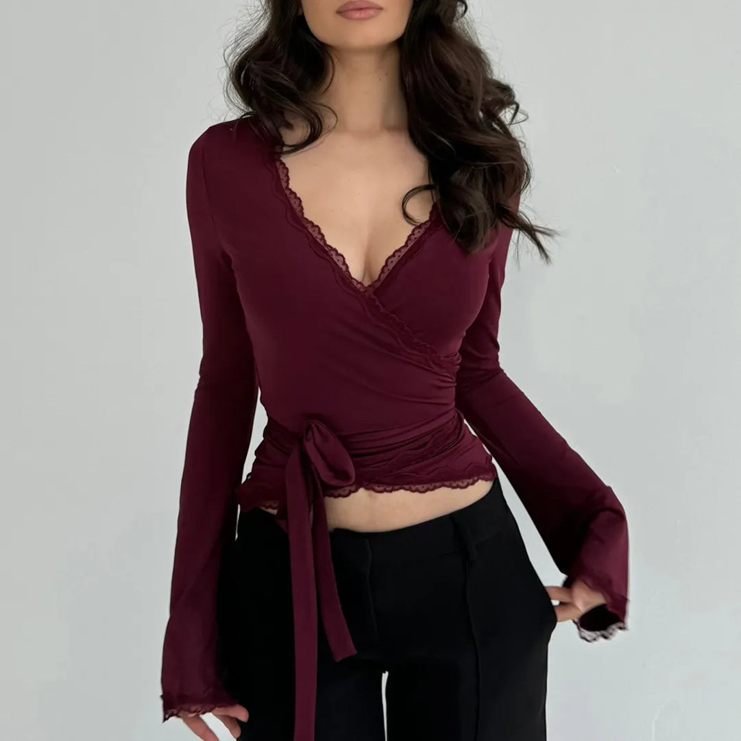 Imcute Wrap Top for Women Y2K Lace Trim Long Sleeve V Neck Workout Yoga Wrap Shirts Slim Fit Tie Front Coquette Tops - Urban Heaven Co
