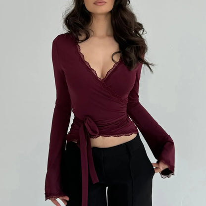 Imcute Wrap Top for Women Y2K Lace Trim Long Sleeve V Neck Workout Yoga Wrap Shirts Slim Fit Tie Front Coquette Tops - Urban Heaven Co