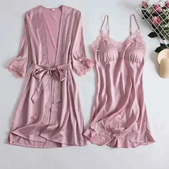 Sexy Lace Trim Nightgown Kimono Bathrobe Gown Loose Silk Satin Home Wear Loungewear Sleepwear Summer New Female Twinset Robe Set - Urban Heaven Co