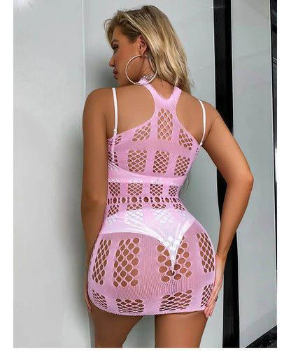 Sexy Women Fishnet Halter Backless Dress Low Cut Tight Pencil Cute Dress Plus Size Mini Dress. - Urban Heaven Co