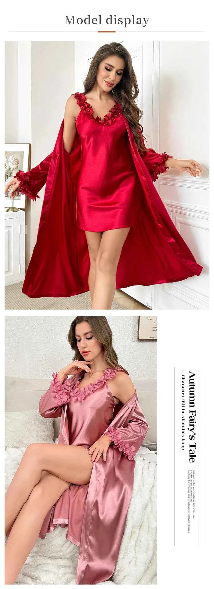 Sexy Female Twinset Robe Set Nightgown Silk Satin Female Sleepwear - Urban Heaven Co