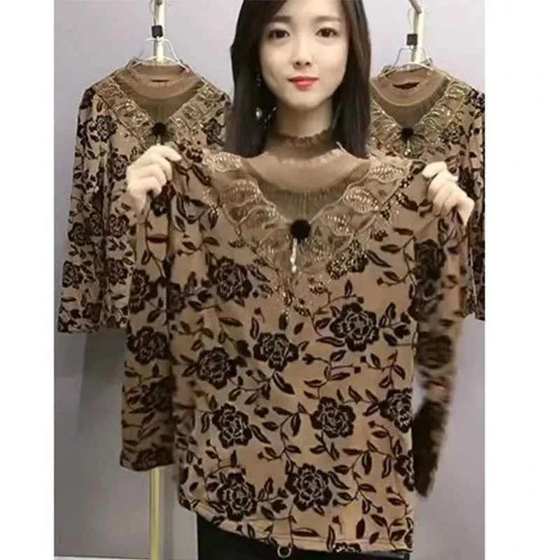 Add Velvet Lace Bottoming Shirt Blouse Women&