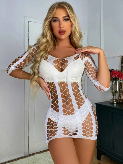 Women Nightwear Party Night Wear Sexy Hollow Transparent Mesh Bodycon Mini Dress - Urban Heaven Co