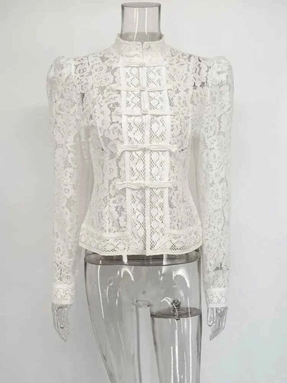 Tossy Summer Lace Printed Shirts Tops Female Hollow Out Fashion Commute Vintage See-Through Blouse. - Urban Heaven Co