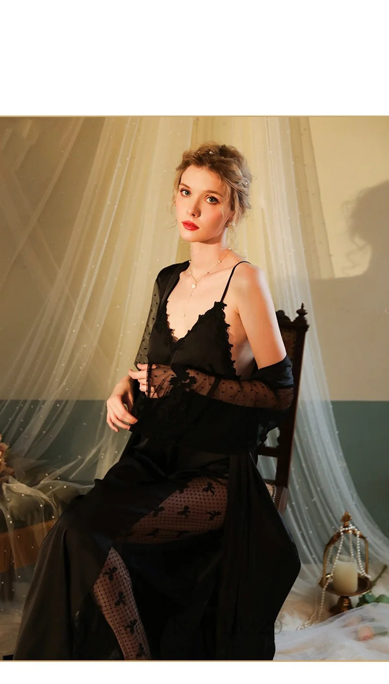 Wedding Bride Robe Set Women Bridal Lace Nightgown Long Kimono Bath Gown Intimate Lingerie - Urban Heaven Co