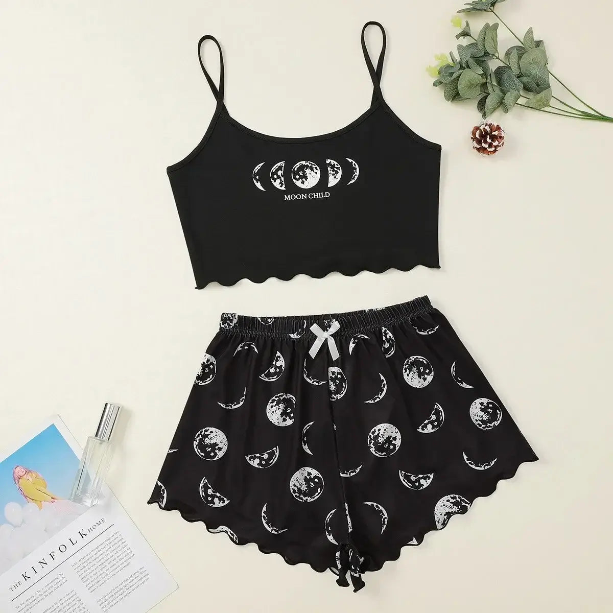 Summer Sleepwear Women 2 Pieces Pajama Set Pink Black Moon and Planet Print Sports Camisole and Shorts Set Casual Loungewear