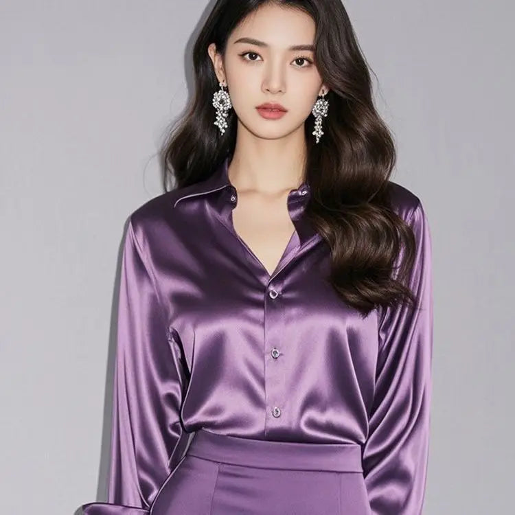 Elegant Silk Office Shirts Women Korean Fashion Y2k Clothes Slim Long Sleeve White Black Blusas Mujer Workwear Tops and Blouses - Urban Heaven Co