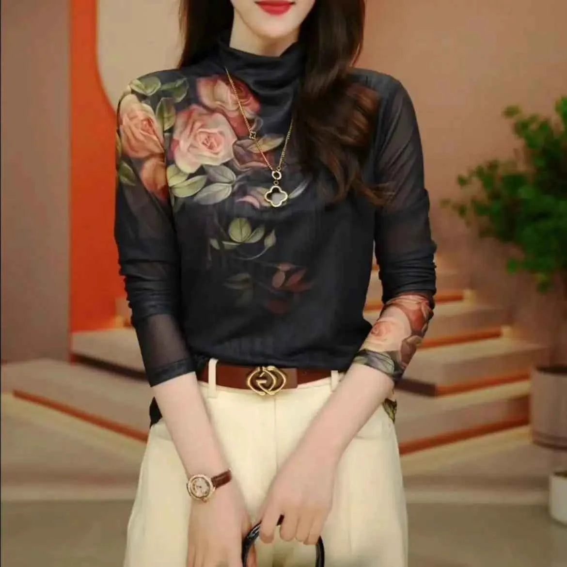 Women Harajuku Long Sleeved Net Yarn Tie Dye Underlay Tops Women New Westernization Turtleneck Printing T-shirt - Urban Heaven Co