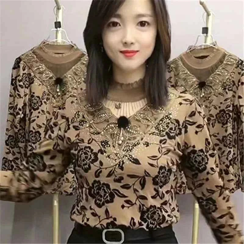 Add Velvet Lace Bottoming Shirt Blouse Women&