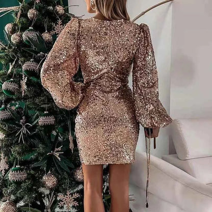 New V Neck Sequin Party Dress with Puff Shoulders | Sexy Bodycon Mini Dress for Office Ladies - Urban Heaven Co
