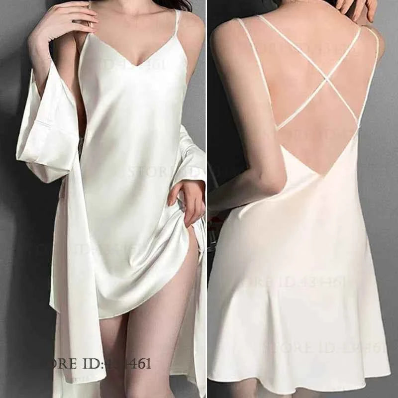 Sexy Lingerie Female Twinset Robe Set Nightgown Spring Summer New Backless Nightdress Sleepwear Loose Ice Silk Homewear Pajama - Urban Heaven Co