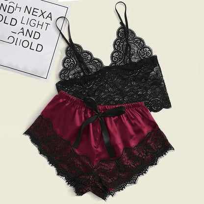 1 Pajamas Set Womens Lace Sleepwear Lingerie Crop Tops And Shorts Babydoll Pajamas Underwear Nightwear - Urban Heaven Co
