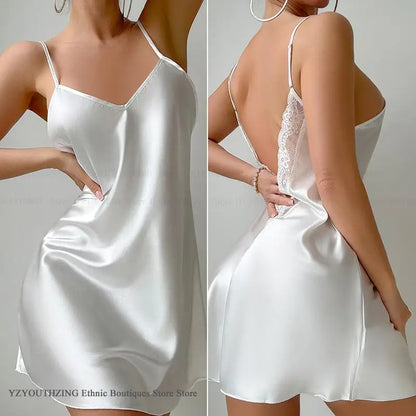 Sexy Female Lingerie Nightgown Patchwork Lace Backless Spaghetti Strap Nightdress Sleepwear Silky Satin Lounge Wear Home Dress - Urban Heaven Co