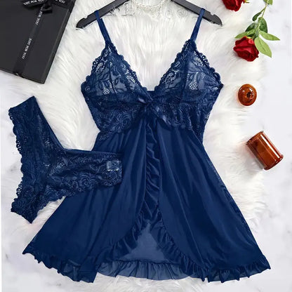 Suspender Suit Summer Ultra-thin Sexy Lace Nightgown Thong Set Women&