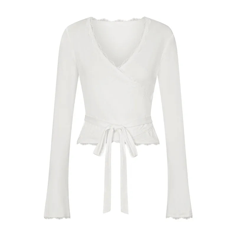 Imcute Wrap Top for Women Y2K Lace Trim Long Sleeve V Neck Workout Yoga Wrap Shirts Slim Fit Tie Front Coquette Tops - Urban Heaven Co