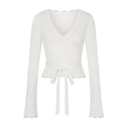 Imcute Wrap Top for Women Y2K Lace Trim Long Sleeve V Neck Workout Yoga Wrap Shirts Slim Fit Tie Front Coquette Tops - Urban Heaven Co