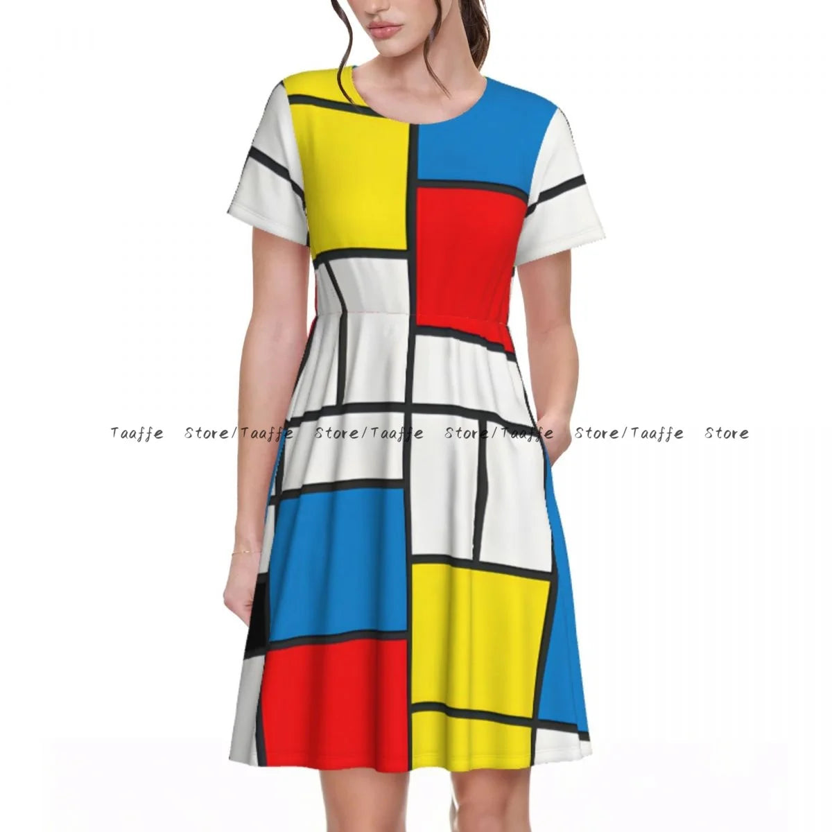 Elegant Women Dress Piet Mondrian Abstract Cubes Turn-down Collar Short Sleeve Body-Shaping Street Robe - Urban Heaven Co