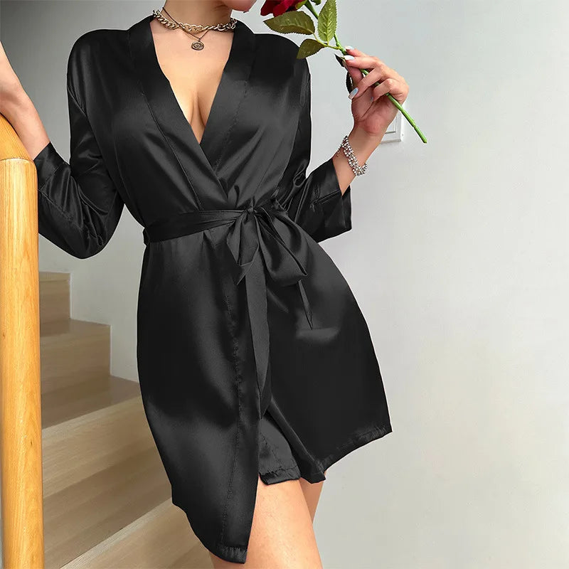 Womens Silk Robe - V-Neck Sexy Short Satin Kimono with Belt for Sleepwear and Bridesmaid Dressing Gown - Urban Heaven Co