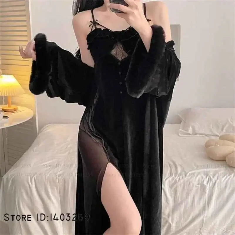 Sexy Velvet Hollow Lace Twinset Robe Set Female Long Nightgown Lingerie Elegant Kimono Bathrobe Gown Loose Sleepwear