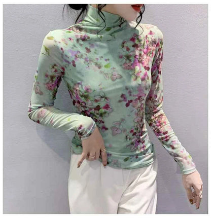 T Shirt Women Turtleneck Full Sleeve Printed Flowers Base Tees Female Sweet T-shirts - Urban Heaven Co