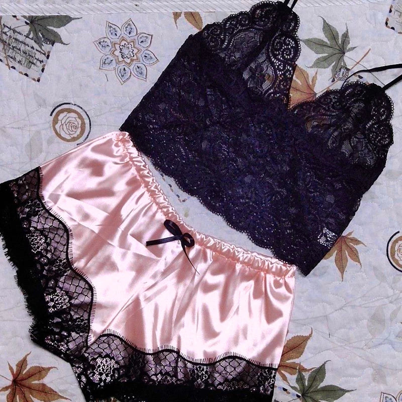1 Pajamas Set Womens Lace Sleepwear Lingerie Crop Tops And Shorts Babydoll Pajamas Underwear Nightwear - Urban Heaven Co
