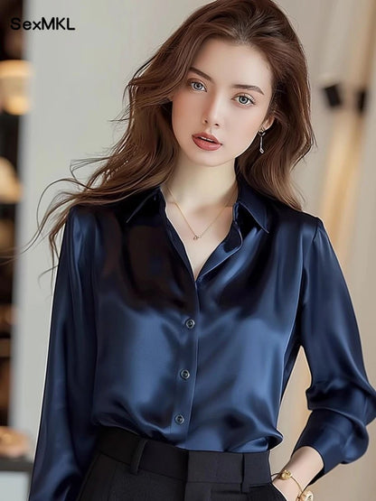 Elegant Silk Office Shirts Women Korean Fashion Y2k Clothes Slim Long Sleeve White Black Blusas Mujer Workwear Tops and Blouses - Urban Heaven Co