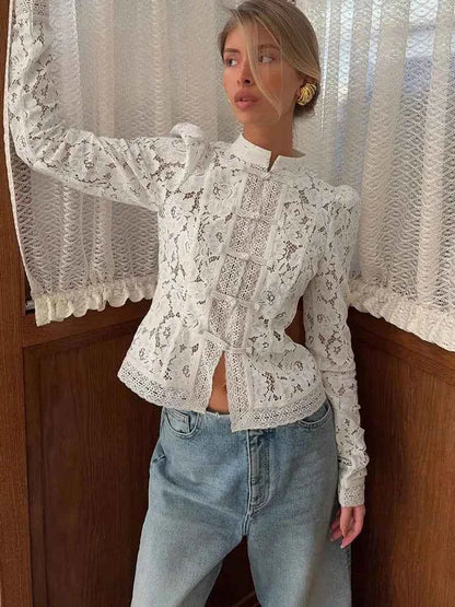 Tossy Summer Lace Printed Shirts Tops Female Hollow Out Fashion Commute Vintage See-Through Blouse. - Urban Heaven Co