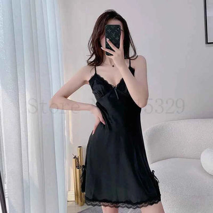 Print Flower Chemise Sleepwear Nightgown Short Summer Sexy Spaghetti Sling Homewear Satin Lace Patchwork Female Nightdress - Urban Heaven Co