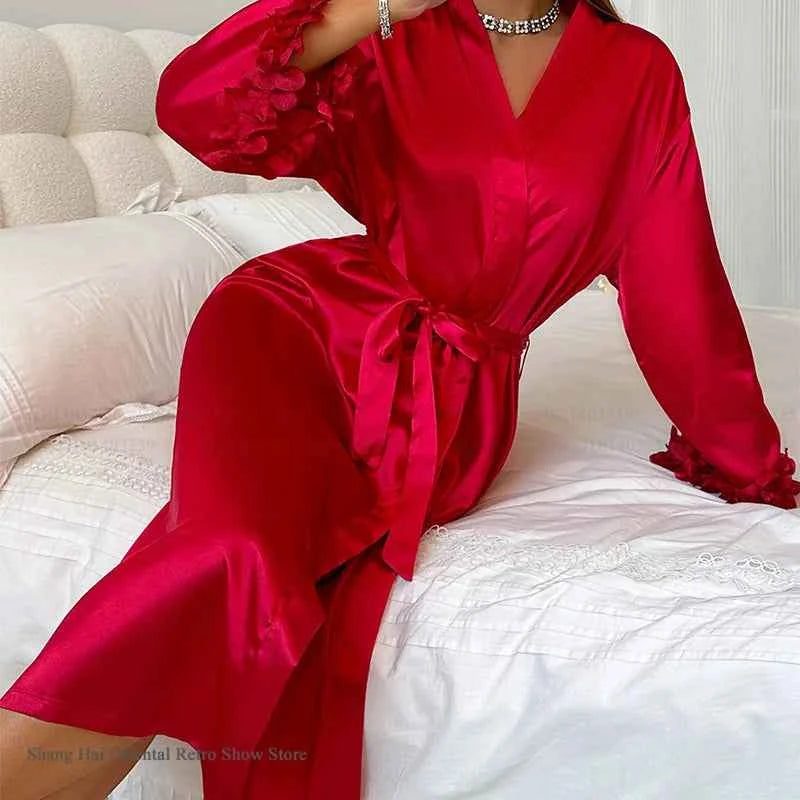 Female 2PCS Robe Set Nightgown Sexy Lace Long Kimono Bathrobe Gown Silk Satin Loungewear Summer Sleepwear Lingerie Homewear - Urban Heaven Co