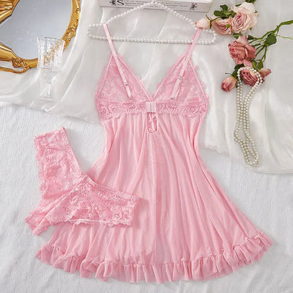 Suspender Suit Summer Ultra-thin Sexy Lace Nightgown Thong Set Women&