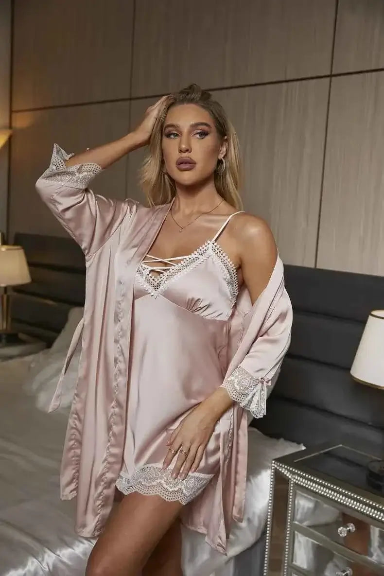 Sexy Lace Trim Nightgown Kimono Bathrobe Gown Loose Silk Satin Home Wear Loungewear Sleepwear Summer New Female Twinset Robe Set - Urban Heaven Co