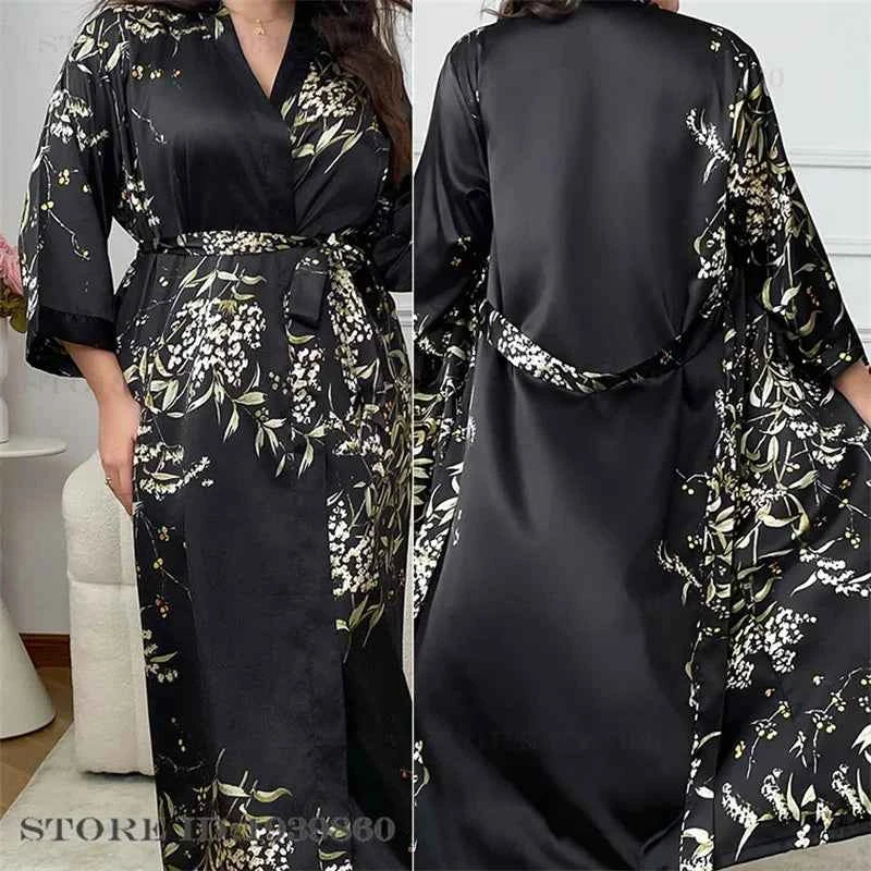Large Size Female 2Pcs Robe Set Nightgown Print Cherry Long Kimono Bathrobe Gown Sleepwear. - Urban Heaven Co