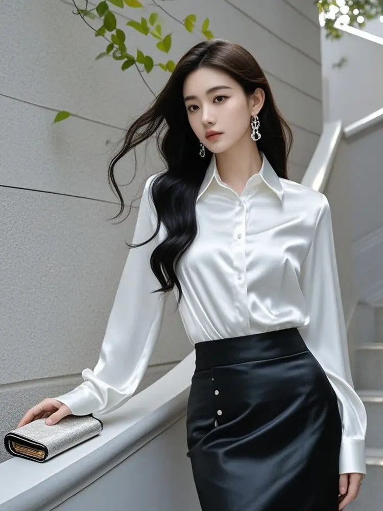 Elegant Silk Office Shirts Women Korean Fashion Y2k Clothes Slim Long Sleeve White Black Blusas Mujer Workwear Tops and Blouses - Urban Heaven Co