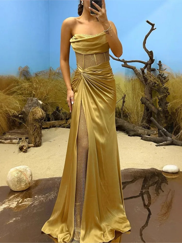 Elegant Strapless Sequin Party Dress for Women - Spring Summer High Slit Fashion Dress - Urban Heaven Co