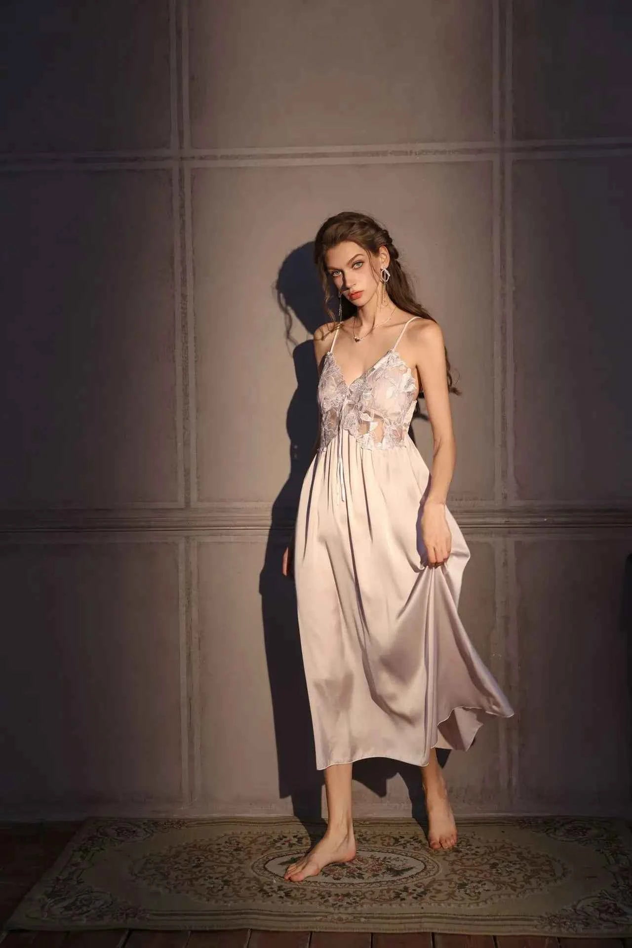 Elegant Female Long Robe Set Nightgown Silky Ice Silk Sleepwear - Urban Heaven Co